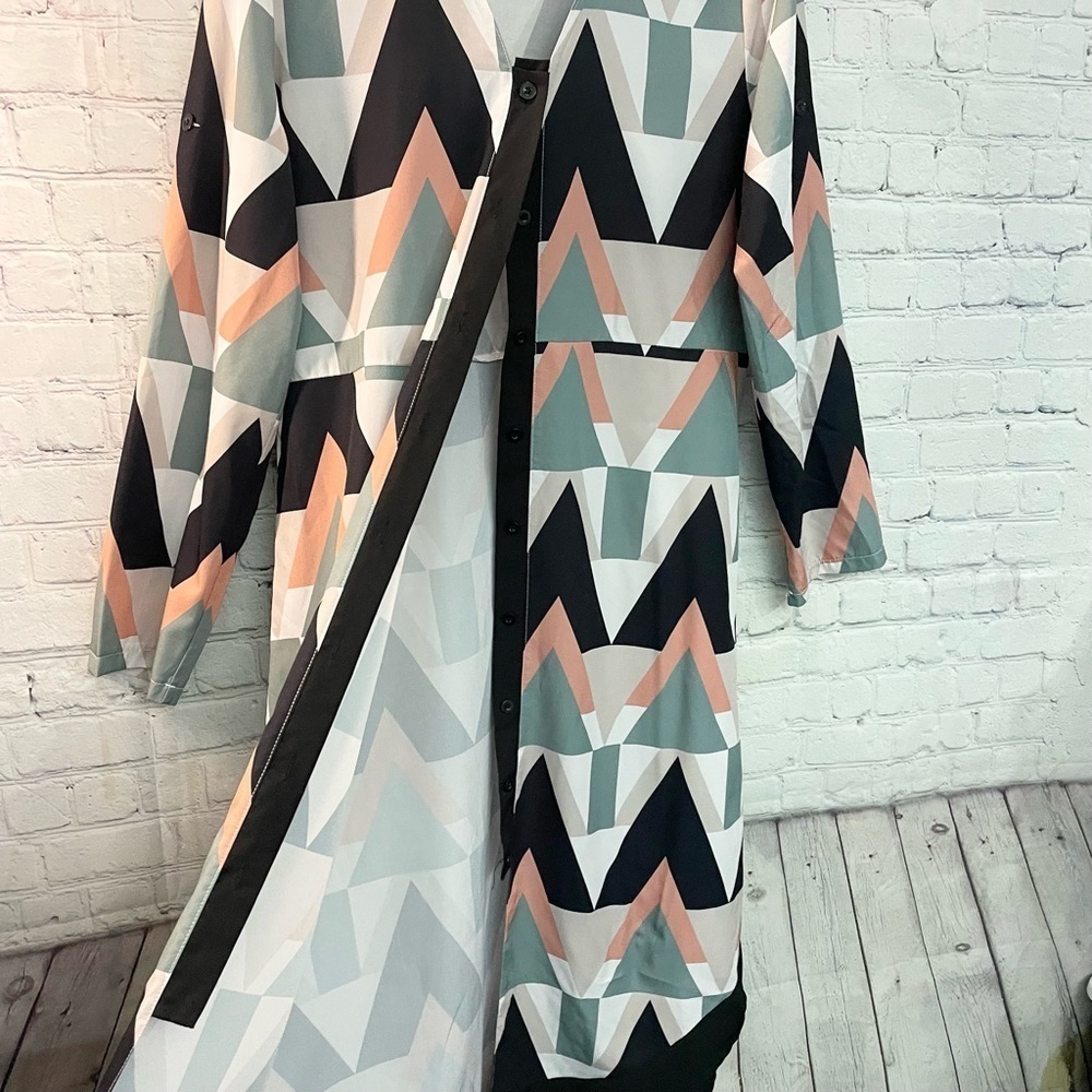 Geometric Chevron Maxi Shirt Dress Long Button Front Jacket Black Sage Peach - Picture 5 of 9
